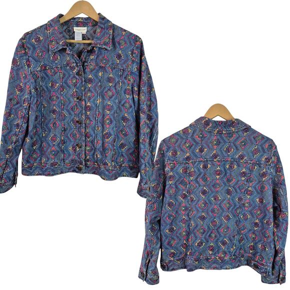 Coldwater Creek Blue Red Yellow BOHO Embroidered Shacket Jacket P L - Picture 1 of 3